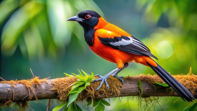 Vibrant orange and black plumage of a Venezuelan Troupial bird perched on a branch, showcasing its striking coloration and distinctive crest in a lush habitat.