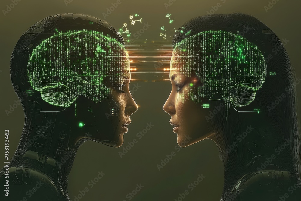 Poster intuitive enduring love two figures face each other with illuminated brain imagery capturing the men