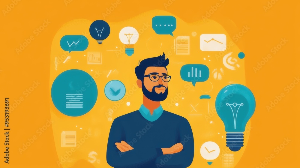 Wall mural A thoughtful man stands confidently with crossed arms, surrounded by various icons representing ideas, data, and innovation against a bright yellow background