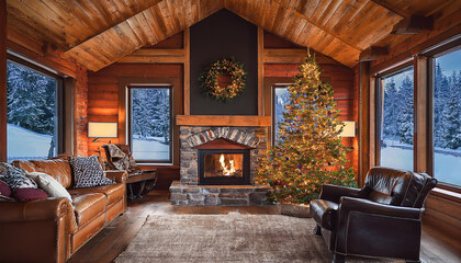 Christmas home, christmas tree, decorations, living room, holiday, house, interior, log cabin, cozy, snow, homey, charming, holiday scene, fireplace, wood