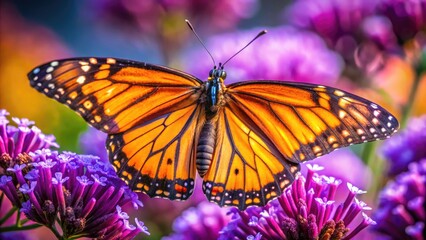Obraz premium Vibrant orange butterfly perches on a delicate purple flower petal, its iridescent wings and antennae magnified to reveal intricate details in stunning close-up.