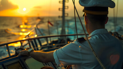 Obraz premium Maritime security officers monitor a ship entering a harbor at sunrises in background