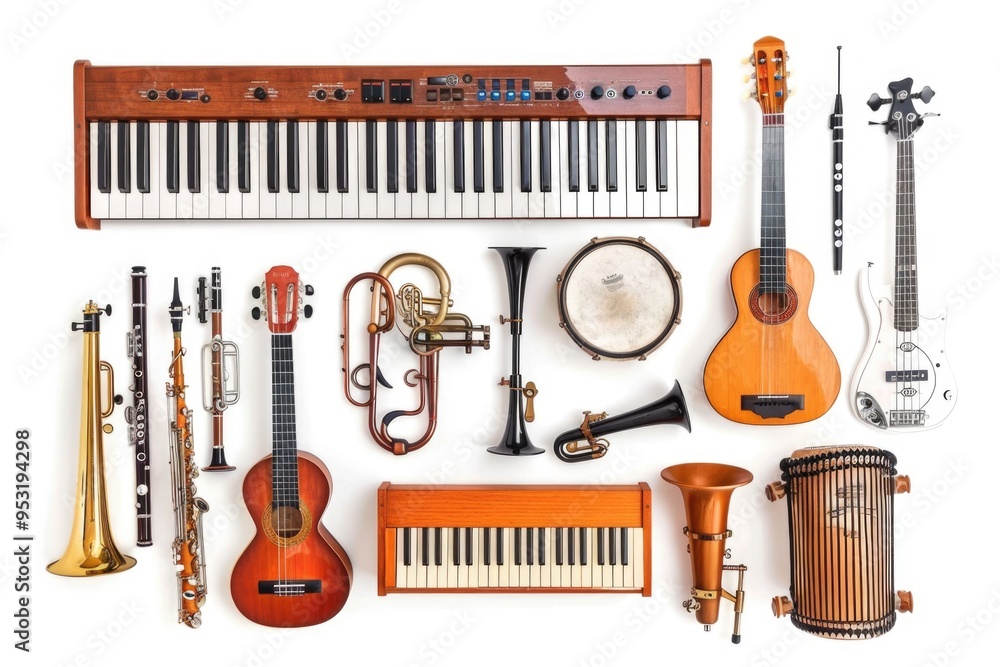 Poster a collection of various musical instruments placed on a clean and empty white surface