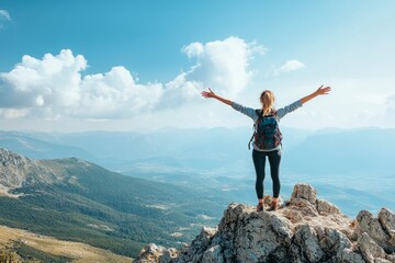 Obraz premium A woman stands on a mountain peak with arms wide open. The view is breathtaking with scenic landscapes all around. She embraces freedom and adventure. Generative AI
