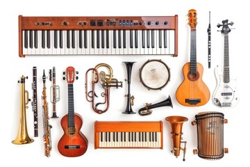 A collection of various musical instruments placed on a clean and empty white surface