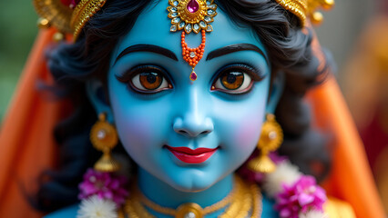 Naklejka premium Closeup portrait of Hindu god Lord Krishna with blue skin and beautiful jewelry. Krishna Janmashtami, Govardhan Puja, Vishu Kani. Indian religious festival. Banner, poster, card with copy space