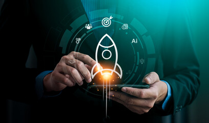 Businessman Launching AI-Powered Startup with Digital Interface, Emphasizing Technological...