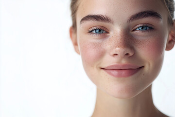 Obraz premium Portrait of a European American woman, close up on a white background