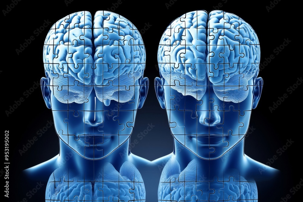 Poster logical love life two male silhouettes with brain puzzle pieces floating above symbolizing the compl