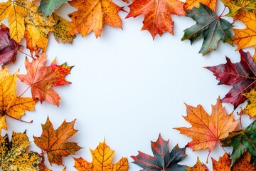 Fototapeta premium Autumn Maple Leaves Flat Lay White Background created with Generative AI