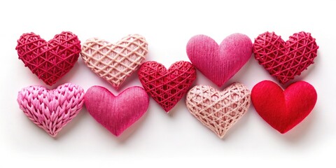 Vibrant pink and red hearts create a stylized, intricately woven pattern against a crisp white background, forming a modern and playful design element.