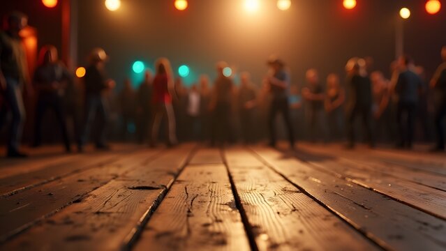 A wooden dance floor in focus with a blurred group of people dancing under warm, festive lighting