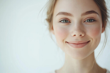 Portrait of a European American woman, close up on a white background