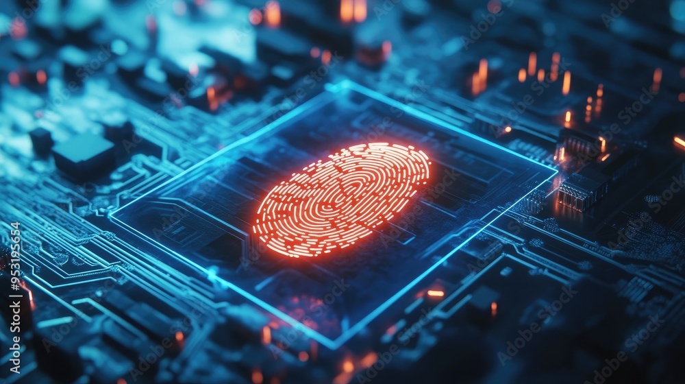 Poster cybersecurity concept featuring a glowing fingerprint on a digital interface, emphasizing personal d