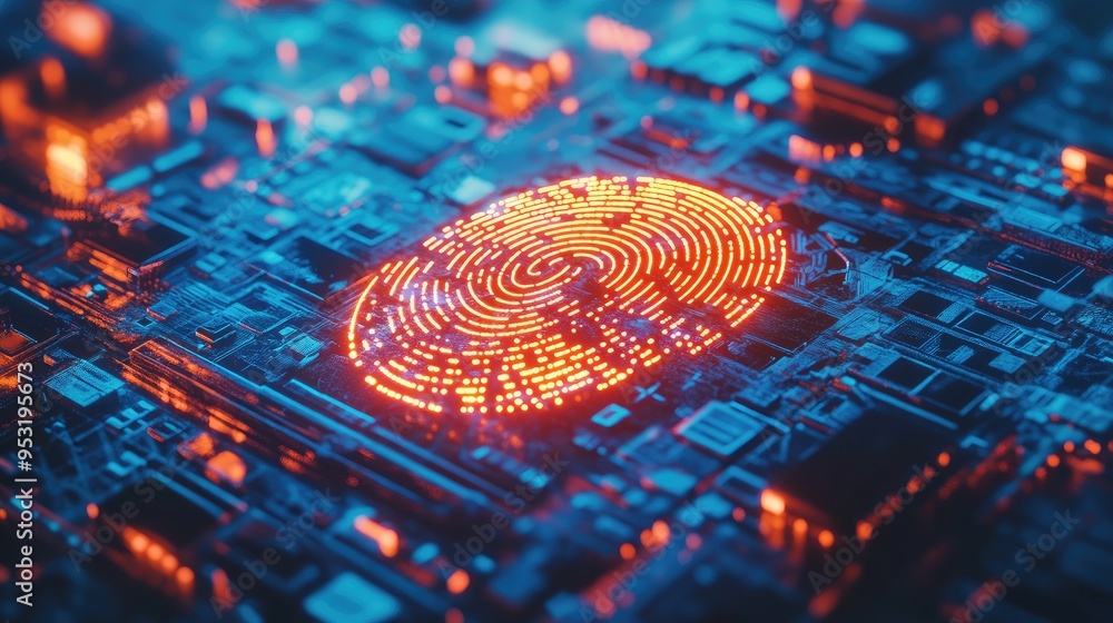 Poster cybersecurity concept featuring a glowing fingerprint on a digital interface, emphasizing personal d