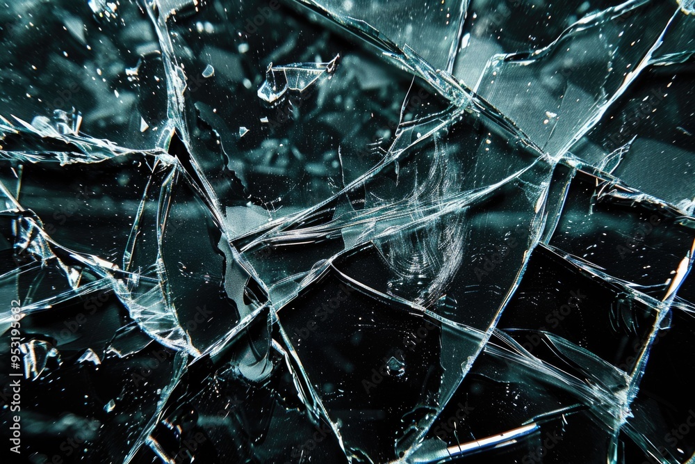 Poster a close-up view of a broken glass window with shards and fragments