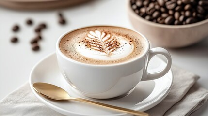 Cup of cappuccino in a white ceramic saucer with golden colored spoon in it 