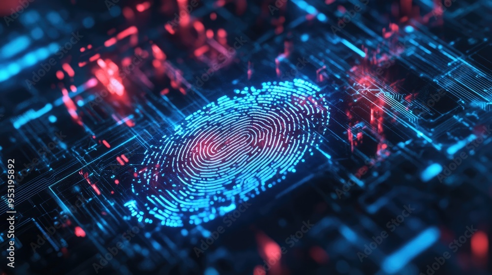 Poster digital fingerprint authentication over a cyber background, highlighting the security of personal da
