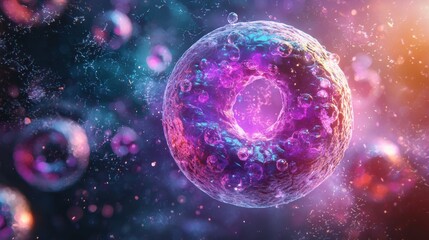 Fototapeta premium Colorful abstract depiction of a cell in a cosmic environment, showcasing intricate details and vibrant hues.