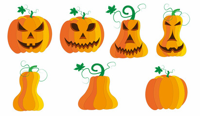 Beautiful evil Halloween pumpkins with leaves and ghosts