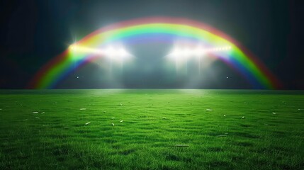 Naklejka premium A rainbow lights up a grassy field illuminated by spotlights at night.