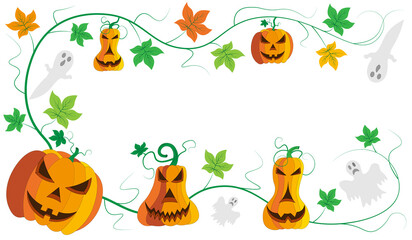 Beautiful evil Halloween pumpkins with leaves and ghosts
