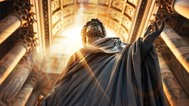 A statue of a figure in a robe, standing tall in a grand, ornate hall. Golden light streams down from above