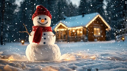 Festive snowman with a red scarf and hat, standing proudly in a snowy yard, illuminated by twinkling lights, cozy cabin nearby