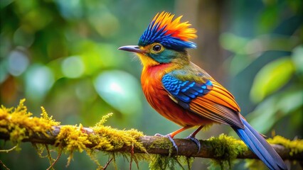 Vibrant royal flycatcher perches on mossy branch, its iridescent blue-green plumage glistening in dappled jungle light, its distinctive crest feathers spread wide in majestic display.