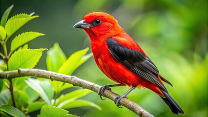 Fototapeta premium Vibrant scarlet tanager perches on a branch amidst lush green foliage, its bright red plumage and black wings a striking contrast in nature's splendor.