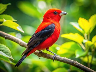Vibrant scarlet tanager perches on a branch amidst lush green foliage, its bright red plumage and black wings a stunning contrast in a sun-kissed forest.