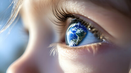 Close-up of a child's eye featuring a vivid reflection of the Earth, representing a dedication to environmental conservation.