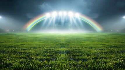 Naklejka premium A rainbow appears over a grassy field illuminated by stadium lights, creating a mystical and magical scene.