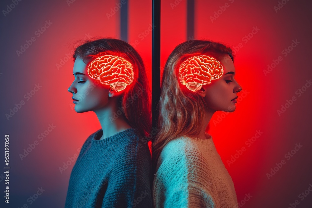 Poster abstract significant other fragmented profiles of two women with puzzle piece brains symbolizing pro