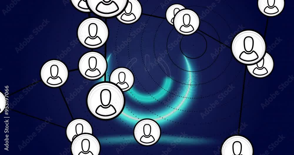 Poster user icons connected by lines, network connections animation over blue background