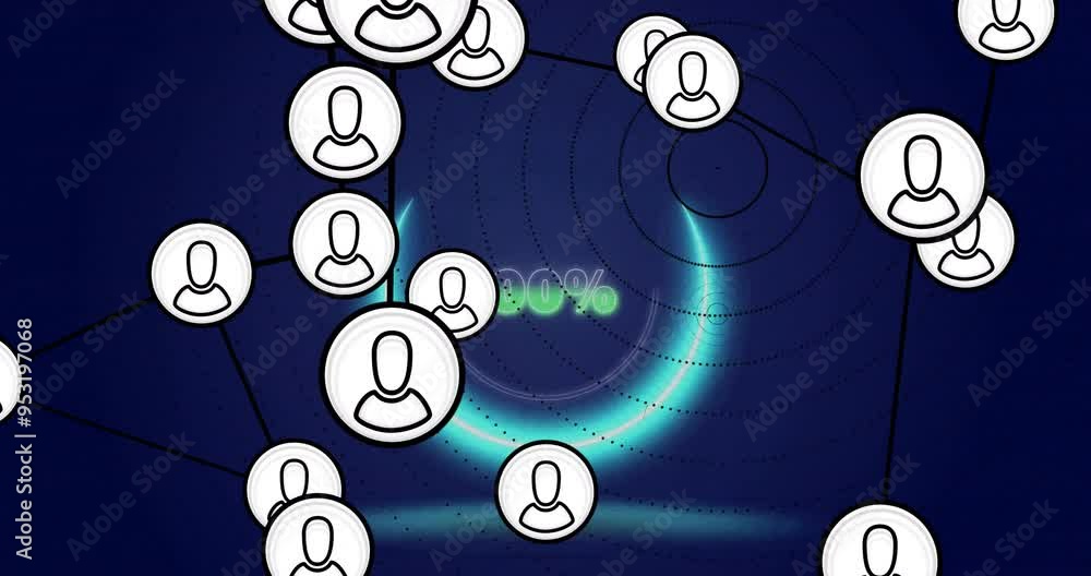 Poster user icons connected by lines over 100% completion animation on dark background