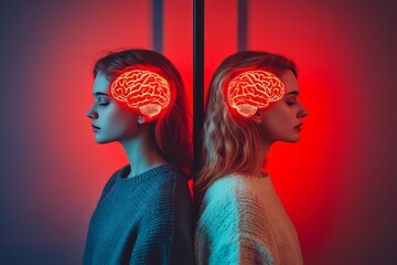 Abstract Significant other Fragmented profiles of two women with puzzle piece brains symbolizing process of identity formation the complexity of self discovery and quest for wholeness