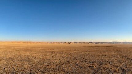 A panoramic view of a vast desert landscape, with rolling sand dunes under a clear, cloudless sky.