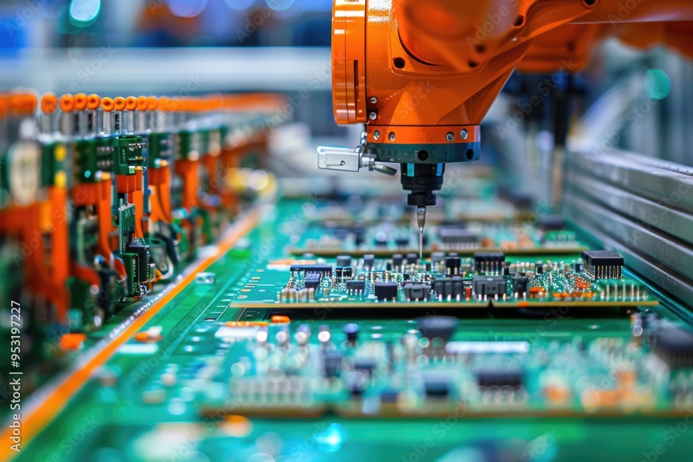 Poster a machine is being assembled on a circuit board, ready for use