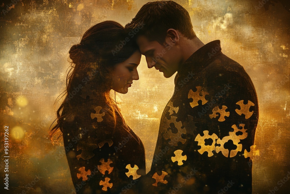 Poster reasoning significant other side profile of a man and woman with glowing red and blue brains symboli