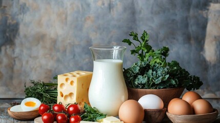 Vegetables, eggs, cheese, butter and a jug of milk on a grey background 