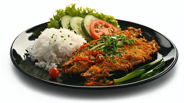 A plate of pecel lele, the crispy fried catfish served with sambal and fresh vegetables, isolated on white background