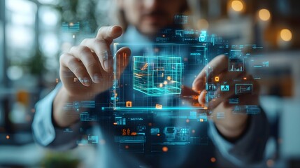 Fototapeta premium Businessman Interacting with Futuristic 3D Model
