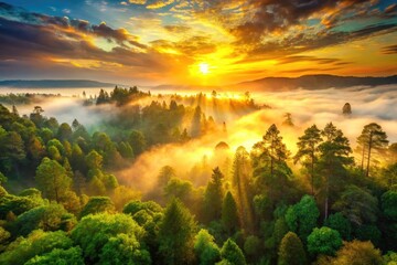 Vibrant sunset over serene misty forest, warm golden light illuminates lush green foliage and towering trees, creating a stunning natural background for any design.