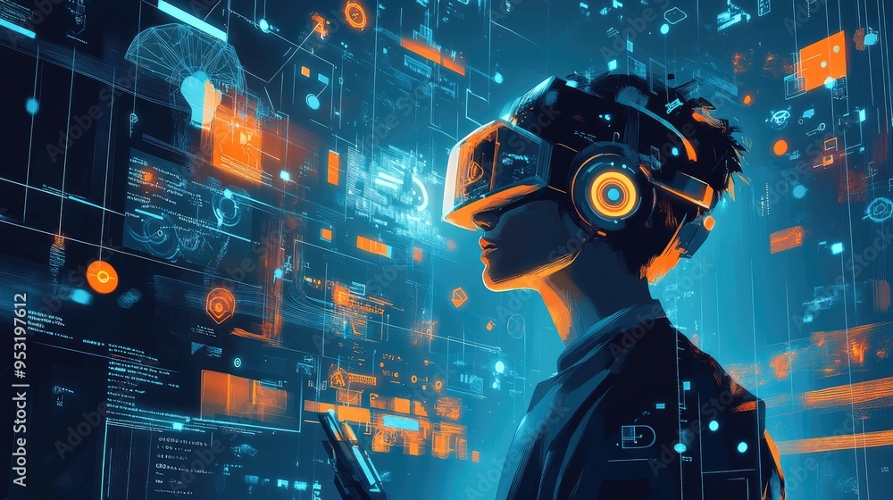 Poster futuristic depiction of digital transformation with iot and ai, symbolizing the integration of techn