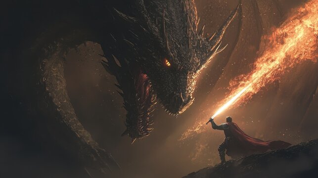 Fototapeta Dragon and Knight Epic Fantasy Battle Illustration
