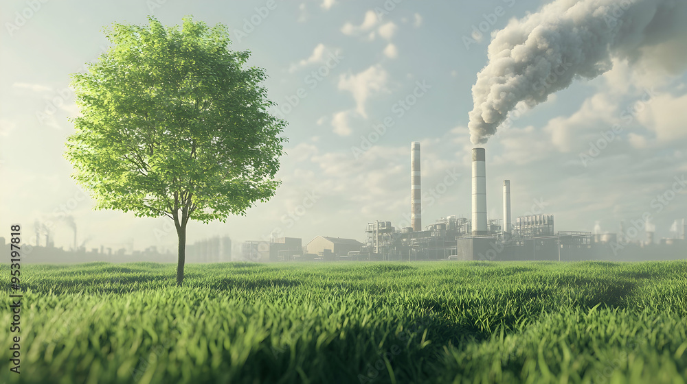 Aufkleber compare a green tree and meadow with clear air to a factory emitting pollution and its effects on cl