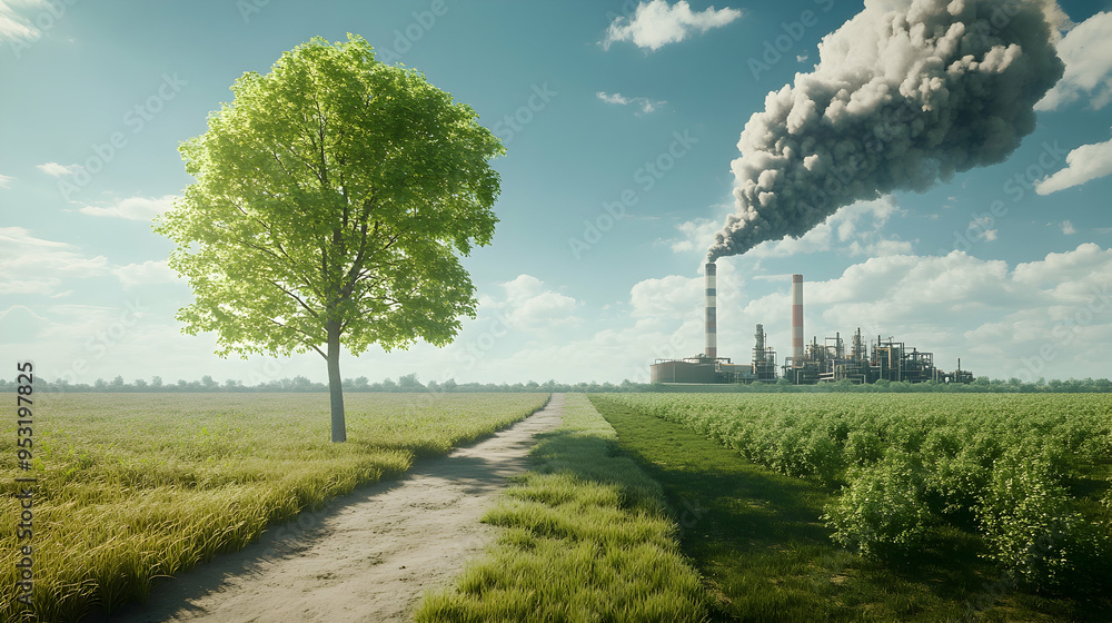 Aufkleber compare a green tree and meadow with clear air to a factory emitting pollution and its effects on cl