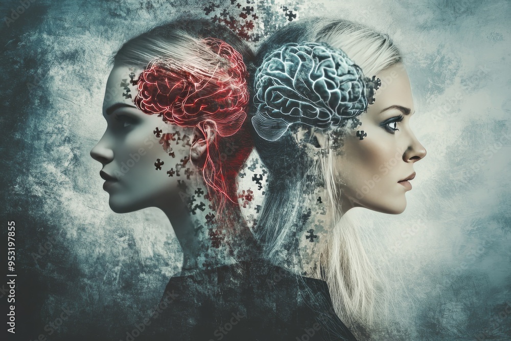 Poster visual significant other silhouetted profile of a woman with mechanical brain structures integration