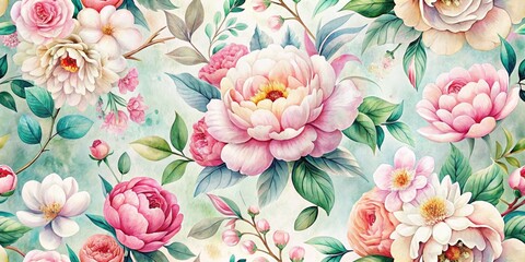 Vibrant watercolor floral pattern featuring blooming peonies and cherry blossoms in soft pastel hues on a subtle textured white background, exuding whimsical elegance.